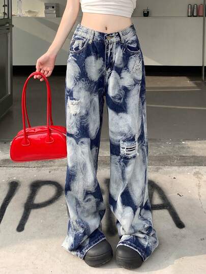 Quần jeans ống rộng họa tiết rằn ri, quần jeans ống đứng rách rưới kiểu vẩy sơn dành cho nữ