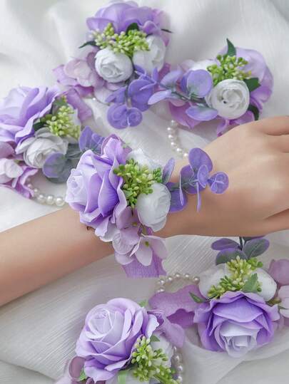 1件/6件装紫色人造玫瑰和尤加利叶腕花，优雅婚礼配饰，适合新娘、新郎、伴娘、母亲、祖母、女孩、舞会、派对、返校节装饰