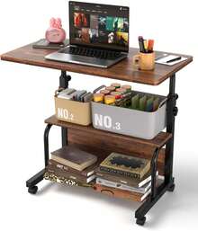Portable Rolling Desk With Wheels, Adjustable Height 32" Computer Desk With Storage Shelves For Small Spaces, Home Office Rustic Style - 鏽棕色 - 查看 9