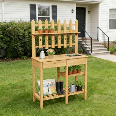 Wooden Potting Bench With Sink And Drawer ,Garden Planting Table With Storage Shelf For Patio Backyard, Yellow