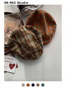 复古英伦格纹报童帽，百搭贝雷帽款式，女士春夏款 - 彩色 - 查看 5