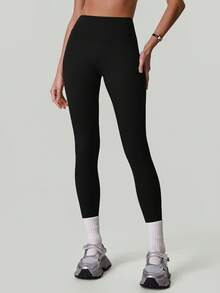 女士夏季高腰显瘦弹力训练跑步瑜伽紧身裤提臀蜜桃臀运动健身紧身裤 - 黑色 - 查看 6