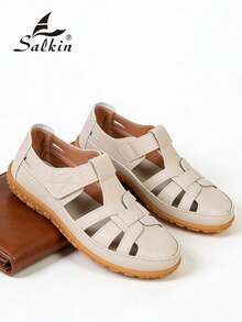 Sandálias femininas de verão com fecho, design minimalista de bico fechado para uso confortável ao ar livre, sapatos baixos sem fecho, adequados para jeans, saias, tamanhos grandes, estilo férias. - Bege - Ver 6