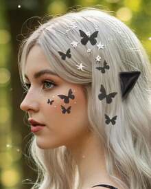 Fairy Wings Costume Set - 4 PCS Elf Ears Butterfly Wings Star Wand Fairy Makeup Halloween Costume Renfaire Outfit - 黑色 - 查看 3