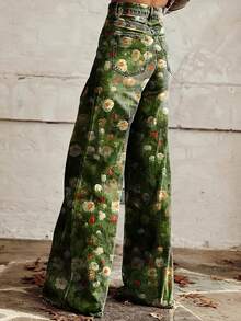Casual Floral Wide-Leg Pants Featuring A Retro, Natural, And Vibrant Flower Print On Green Jeans - Mixed Colors - View 3