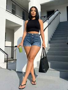 Women's High Waist Denim Shorts With Ripped & Rolled Cuff Detail, Retro Casual Design Sense, Versatile Shorts - Rửa trung bình - Xem 3