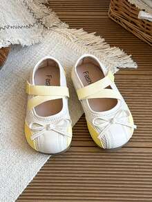 1 Pair 2026 Girls' Mesh Bow Cross Strap Round Toe Mary Jane Flat Shoes, Suitable For School Daily Wear - Yellow - View 5