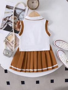 Blusa de manga corta con estampado numérico y falda plisada de unicolor para niña bebé - Blanco - Ver 2