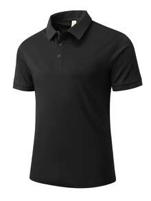 男士純色透氣休閒商務運動 Polo 衫，彈性舒適 Polo T-shirt，適合跑步、健身、運動，黑色 - 黑色 - 查看 2