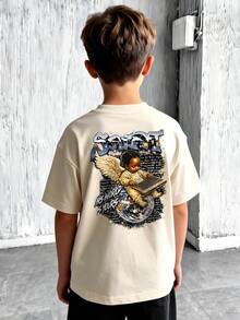 Áo thun ngắn tay in hình thiên thần và Trái đất dành cho bé trai, khẩu hiệu graffiti "Thế giới này là của bạn" - Màu be - Xem 2