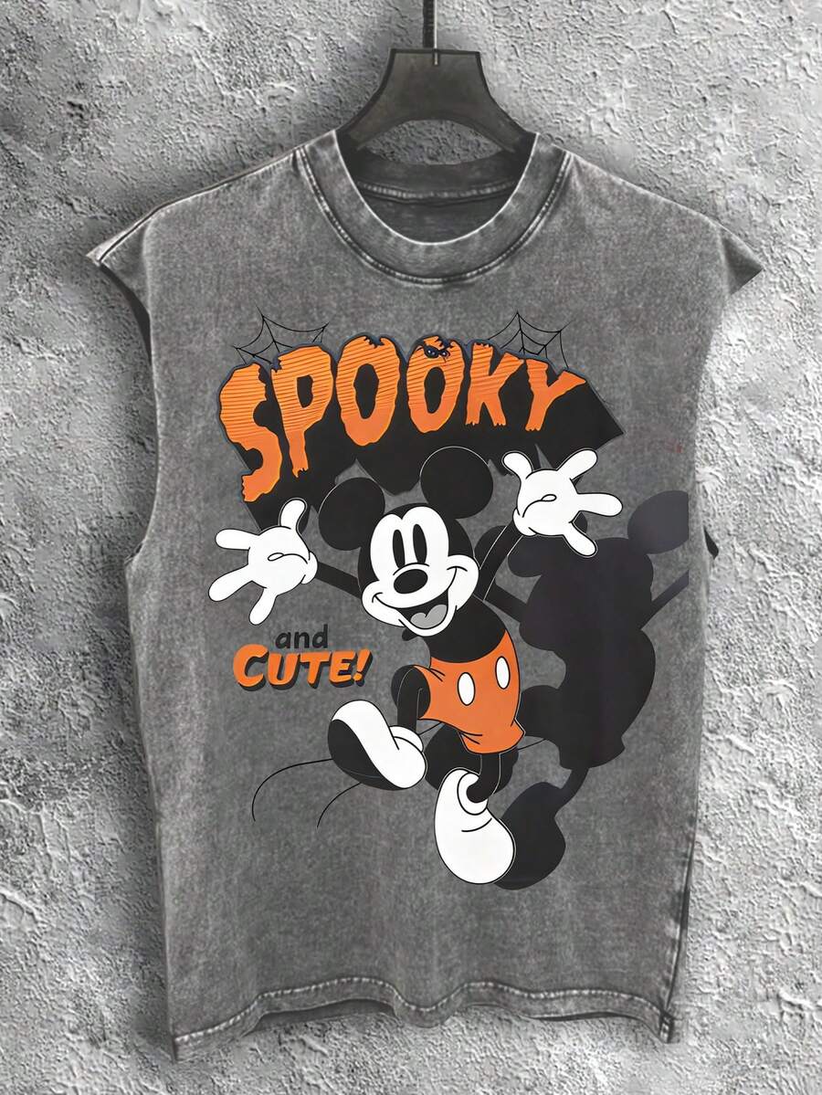 Disney Vintage Washed Halloween SPOOKY And CUTE Print Sleeveless Tank Top - Grey - View 1