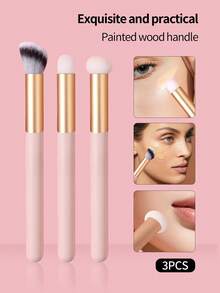 3 piezas de brochas de maquillaje con mango de madera rosa para corrector, sombra de ojos y labios - Rosa - Ver 2