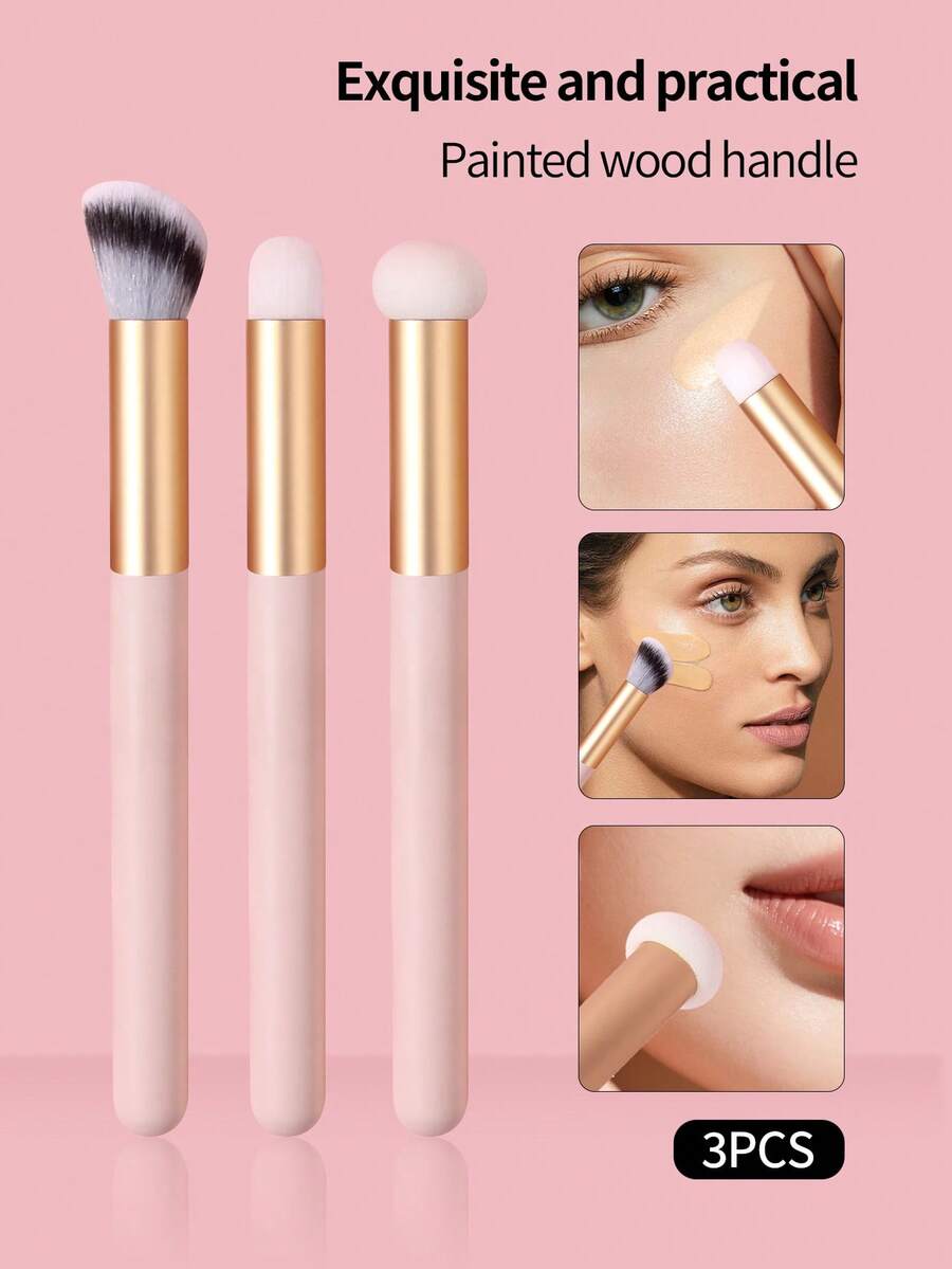 3 piezas de brochas de maquillaje con mango de madera rosa para corrector, sombra de ojos y labios