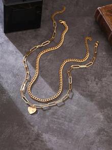 2-delars set med trendigt minimalistiskt hjärtformat halsband med kubisk zirkoniahänge och flerlagershalsband, elegant och delikat, lämpligt för tjejers vardagsbruk - Guld - Visa 3