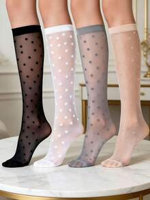 4 Pairs Vintage Polka Dot Ankle Socks, Mesh Mid-Calf Socks, Women's Summer Socks, Suitable For Casual Daily Wear - Multicolor - View 1