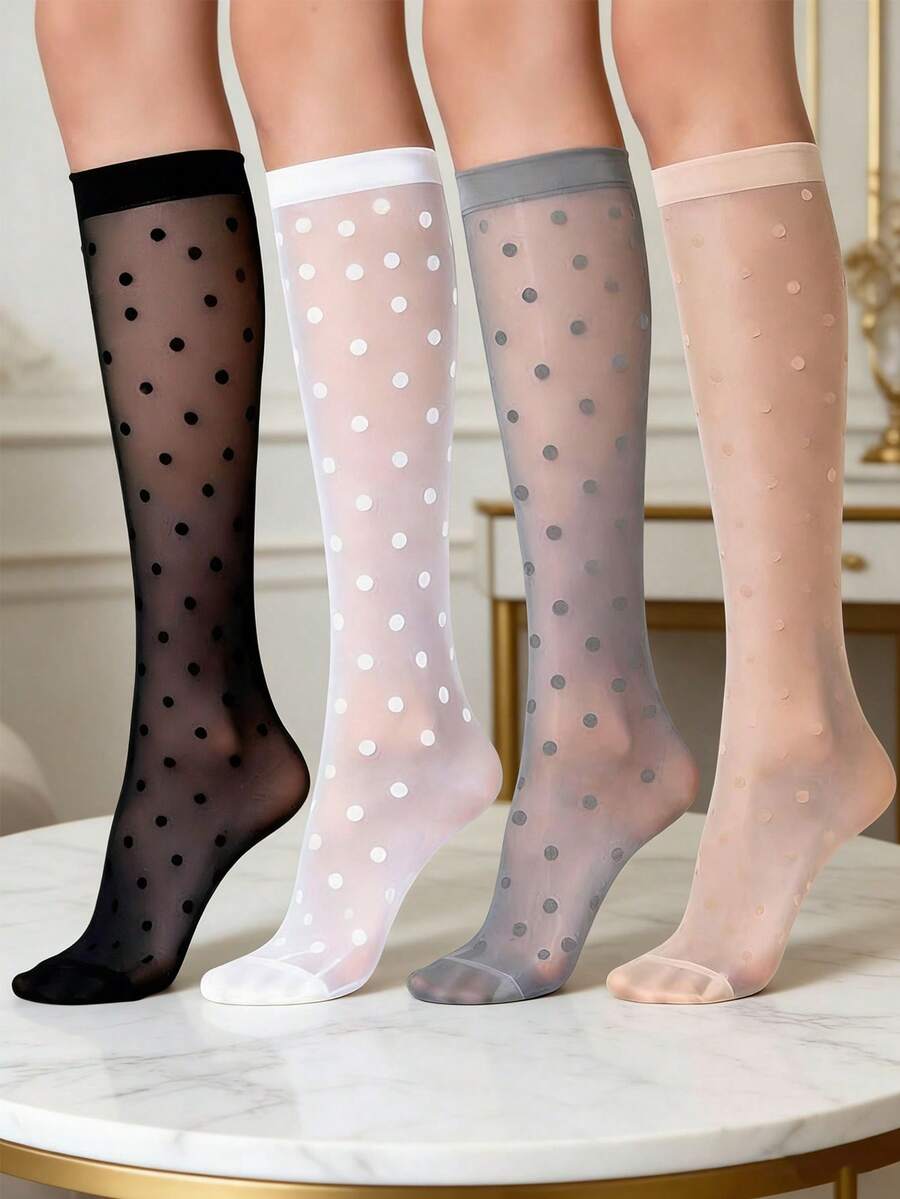 4 Pairs Vintage Polka Dot Ankle Socks, Mesh Mid-Calf Socks, Women's Summer Socks, Suitable For Casual Daily Wear - Multicolor - View 1