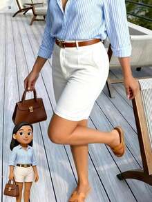 Summer Solid Color Minimalist Slant Pocket Shorts, Suitable For Teachers Back To School White - 棕色 - 查看 8