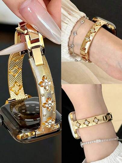 1 chiếc dây đeo tương thích, dây đeo kim loại mỏng dành cho nữ, họa tiết hoa văn chạm khắc rỗng và hình học, đính đá, có thể điều chỉnh mà không cần dụng cụ, tương thích với Apple Watch 38/40/41/42/44/45/49/46mm, tương thích với Apple Watch Ultra 3/2/1/Se/S10 9/8/7/6/5/4/3/2/1, phụ kiện, trang sức thời trang, phù hợp cho mọi mùa.