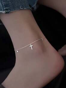 GAGAFEEL 1. Dây đeo mắt cá chân hình chữ thập trơn đơn giản và thoải mái bằng bạc sterling S925, hình trái tim và ngôi sao, đa năng cho nữ giới, phù hợp cho kỳ nghỉ hè, đi biển, đeo hàng ngày và làm quà tặng. - Bạc - Xem 1