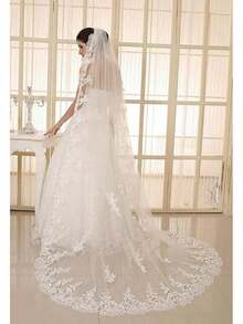 Long Lace Wedding/4M/5M, 1 Tier White Ivory Bridal With Comb, Elegant Train Bride - 象牙 - 查看 2