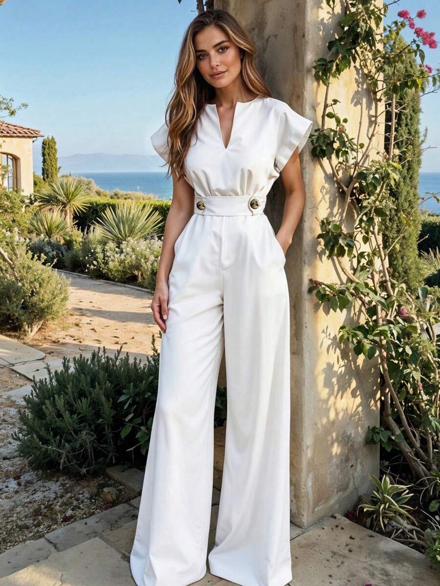 Women's V-Neck Slit Wide Leg Jumpsuit With Adjustable Belt - 白色 - 查看 1