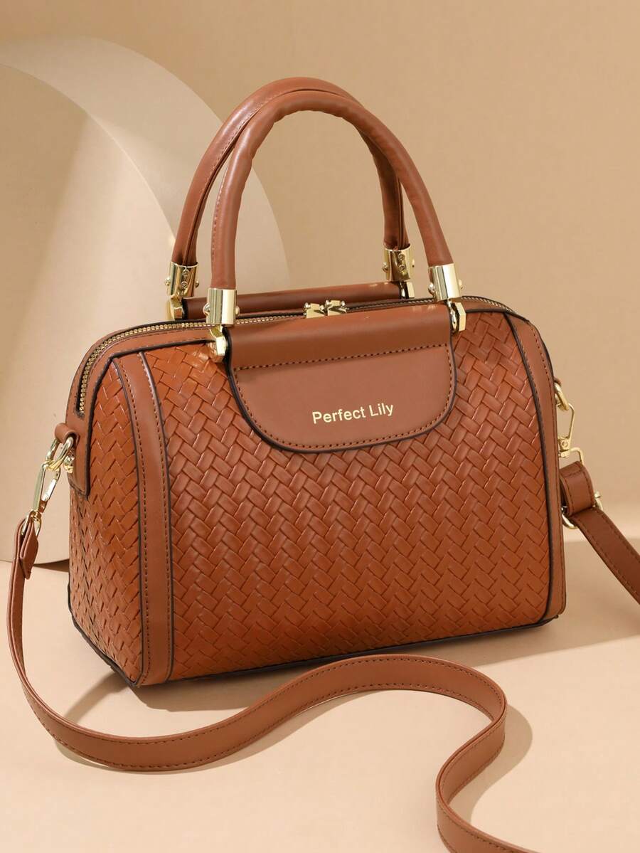 Bolso de mujer, bolso de hombro, PU cuero con relieve tejido de unicolor, minimalista, ligero, versátil - Marrón - Ver 1
