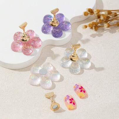 Flower Shaped Nail Art Display Stand, Plum Blossom Acrylic Nail Polish Tray With Shiny Magnetic Nail Tools, Iridescent Glitter Magnetic Nail Palette, Beginner Nail Practice Tip Holder, Reusable Acrylic Nail Art Display Stand For Nail Polish Swatching, DIY Fake Nails And Decorative Stickers, Suitable For Home DIY And Nail Salon Use