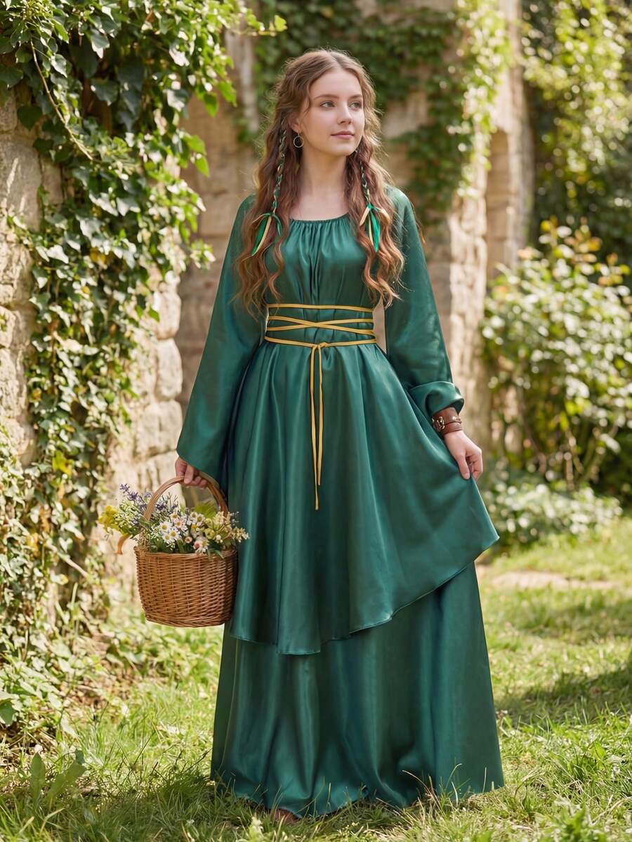 Renaissance Dress Women  Medieval Faire Costumes Halloween Cosplay Over Dress Retro Gown Long Dress - 墨綠色 - 查看 1