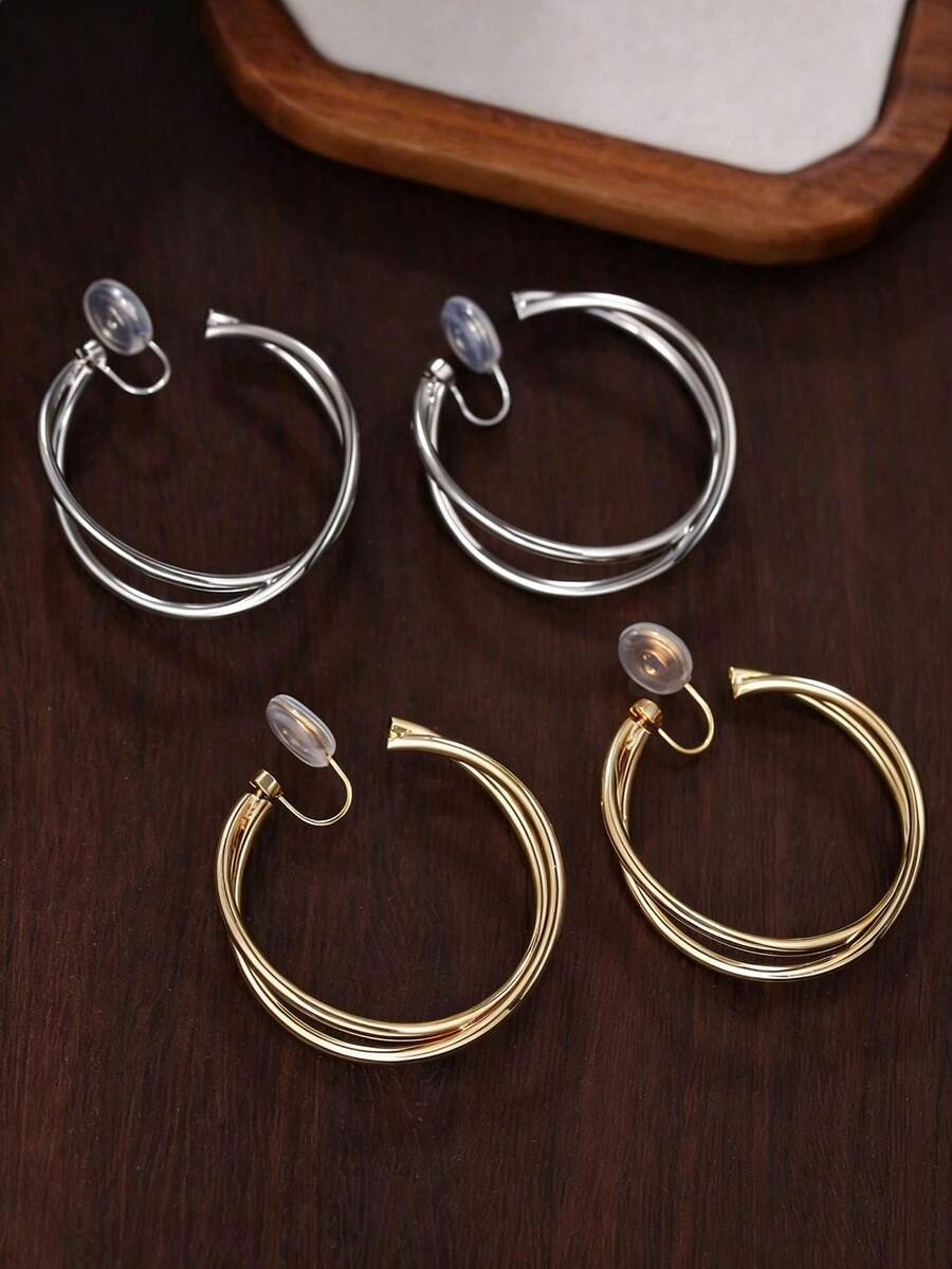 2只夸张双层可旋转大号耳环，简约金属夹式耳环，适合无耳洞人士佩戴 - clip - 查看 1