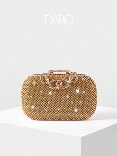 Ví cầm tay hình bầu dục đính đá vàng lấp lánh với quai hình rắn, túi dự tiệc sang trọng với dây đeo xích có thể tháo rời, món quà hoàn hảo dành cho phụ nữ.