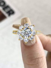 1枚925纯银1.0克拉向日葵莫桑石戒指，优雅奢华，适合订婚、结婚、闺蜜生日、周年纪念或新娘首饰。 - 金色 - 查看 3