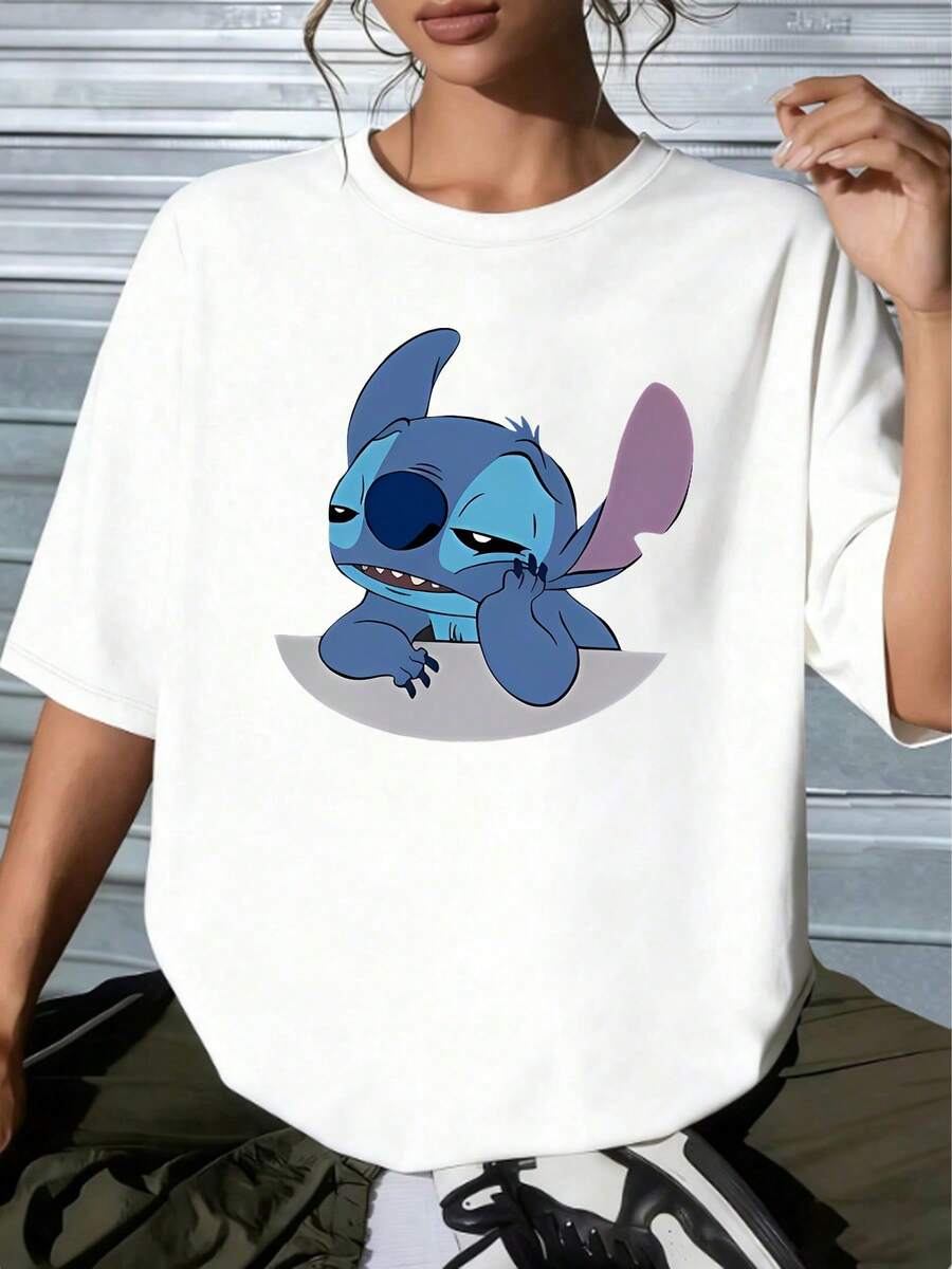 Disney Lilo & Stitch Lazy Stitch Graphic T-Shirt, Cute Oversized White TeeCrafted From Soft, Comfortable, And Durable Pure Cotton Fabric, This Round-Neck T-Shirt Is An Ideal Choice For The Spring And Summer Seasons. Suitable For A Wide Range Of Occasions-Including Daily Wear, Shopping, Parties, Travel, And Social Gatherings-It Also Makes For An Exquisite Gift. - 白色 - 查看 1