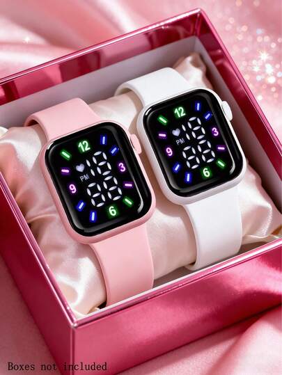 2/1件套女孩时尚简约LED数字显示电子手表套装，适合女孩/男孩毕业派对、校园聚会或家庭庆祝活动、日常佩戴、朋友礼物、生日/节日礼物、派对装饰，是送给女孩/男孩的理想毕业礼物，也是完美的母亲节礼物。