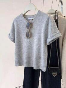 Casual Minimalist Gray Knit Top, Cropped Round Neck, Drop Shoulder Short Sleeve, Ribbed Knit Trim, Comfortable & Versatile Summer - 灰色 - 查看 4