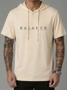 男士夏季抽绳连帽T恤，印花短袖T恤，休闲轻便套头衫 - 杏色 - 查看 2