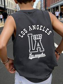 男童洛杉矶图案背心 - LA 1987 校园印花复古街头风宽松无袖休闲夏季上衣 - 深灰色 - 查看 1