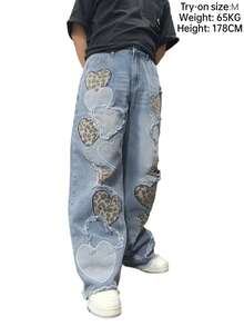 1件男士美式街头风刺绣做旧阔腿牛仔裤，宽松休闲舒适学院风毛边裤脚百搭牛仔裤（不含腰带或配饰） - 藍色 - 查看 10