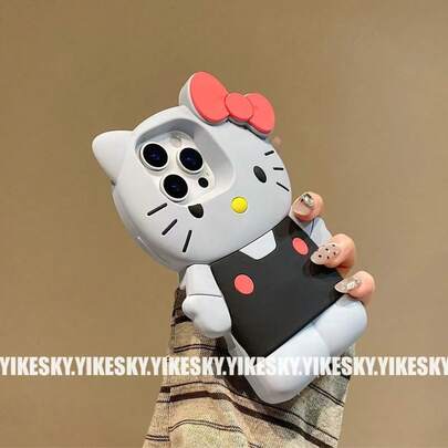 SANRIO 1pc Fashion Creative Grey & Black Strap Kitty Cat Silicone Waterproof Shockproof Soft Phone Case, Cute & Stylish, Compatible With IPhone 17 Series, 11/12/12 Pro, 13/14/15, 13 Pro/14 Pro/15 Pro, 12 Pro Max/13 Pro Max/14 Pro Max/15 Pro Max, 16, 16 Pro, 16 Pro Max, 17, 17 Pro, 17 Pro Max, Best Gift For Holidays