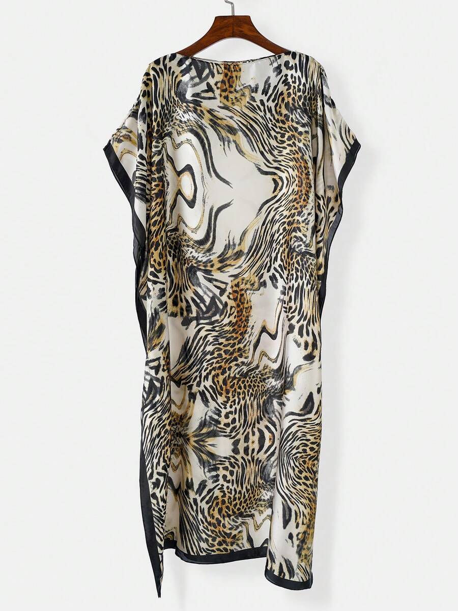 1pc Women's Personalized Tiger Print Faux Silk Pullover Robe, Fashion Casual Beach Cover-Up For Spring/Summer, Sunscreen Satin Shawl, Holiday, Travel Essential - Multicolor - View 1