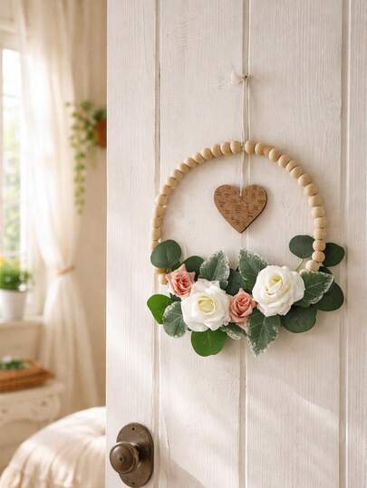 1pc Bohemian Floral Door Loop, Rustic Style Wheat Rack Heart-Shaped Decoration, Bohemian Home Decoration, Elegant Rose And Eucalyptus Leaf Floral Embellishments, Mother's Day Front Door Decoration, Porch, Living Room, Balcony, Warm Home