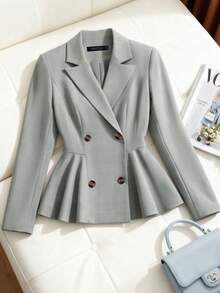 HOMEYEE Áo blazer dáng ngắn tay dài cổ ve lật, cài hai hàng khuy, thích hợp cho công sở, du lịch, công tác hoặc sinh hoạt thường ngày, phù hợp cho mọi mùa. - Xám - Xem 8
