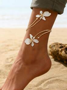 1 pieza Tobillera de mujer estilo bohemio europeo y americano con doble flor de concha blanca, tobillera de playa fresca para mujeres - Amarillo dorado + blanco - Ver 4