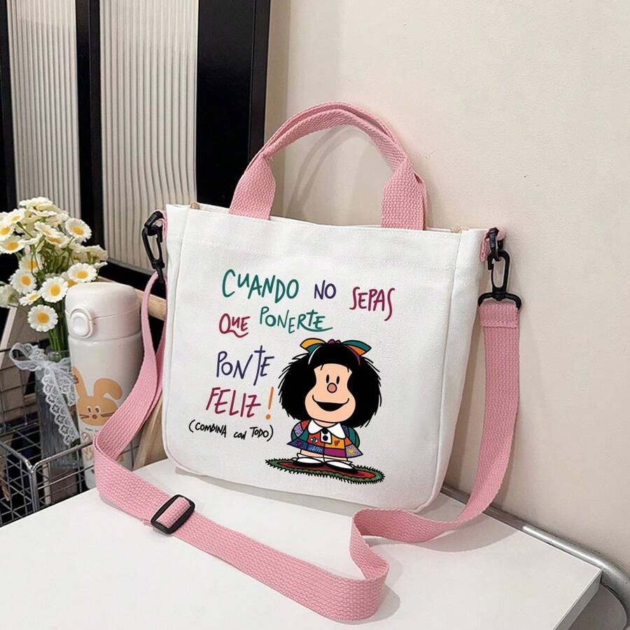 西班牙语短语 Mafalda 印花手提包 - 西班牙设计磁扣单肩/手提包，可机洗，适合上学、工作、旅行 - 可爱的西班牙标语包（酒红色） - 粉色 - 查看 1