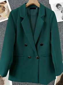 Spring & Summer Women's Solid Long Sleeve Double-Breasted Blazer, Notched Lapels | Ideal For Dates, Parties, Outings & Festive Celebrations - Peacock Green - View 3