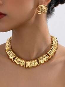 3pcs Vintage Metallic Crinkle Texture Gold Jewelry Set, Including Earrings And Necklace, Fashionable And Elegant - Gold - View 5