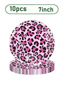 50 piezas Suministros para fiesta con estampado de leopardo Tema de guepardo Decoración de cumpleaños Vajilla desechable - Incluye platos de papel, servilletas, vasos de papel, Adecuado para fiesta de cumpleaños con tema de estampado de leopardo rosa para niñas - Multicolor - Ver 4