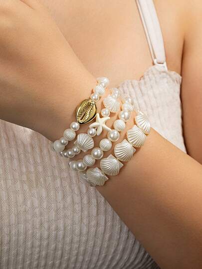 4pcs/Set Shell & Faux Pearl Beaded Multi-Layer Bracelet Set, Coastal Vacation Style Casual Accessories Suitable For Summer, Daily Wear, Beach