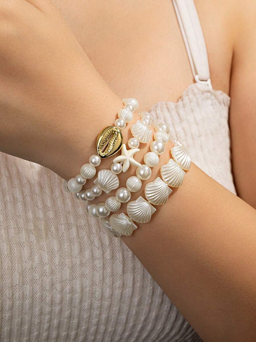 Bộ 4 vòng tay nhiều lớp đính vỏ sò và ngọc trai giả, phong cách nghỉ dưỡng ven biển, phụ kiện thường ngày phù hợp cho mùa hè, đi biển. - Nhiều màu - Xem 1