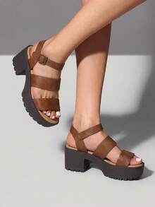 Women Minimalist Platform Slingback Sandals, Open Toe Punky Chunky Summer Sandals For Beach, Vacation - Brown - View 2