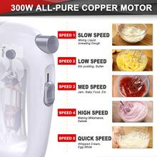 300W Mini Electric Hand Mixer - 5-Speed Control For Baking, Cakes & Creams With 3 Stainless Steel Attachments (2 Beaters/Whisk) | Compact Storage Case (White/Red) - Xem 3
